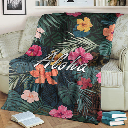 Hawaii Premium Blanket Tribal Elements And Hibiscus Version
