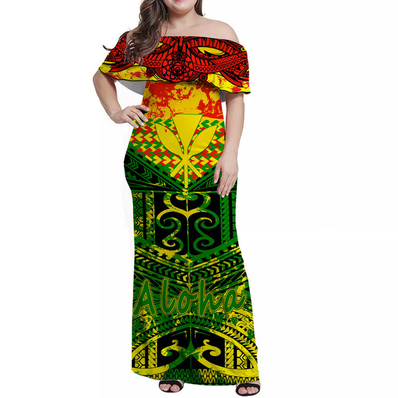 Hawaiian Tribal Kanaka Maoli Women Off Shoulder Long Dress Reggae Polynesian Version