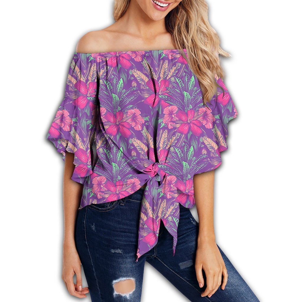 Tropical Hibiscus Purple Women's Off Shoulder Wrap Waist Top - AH