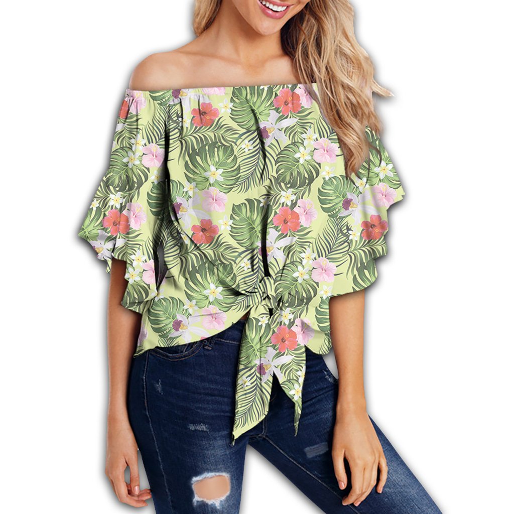 Tropical Hibiscus, Plumeria Green Women's Off Shoulder Wrap Waist Top - AH