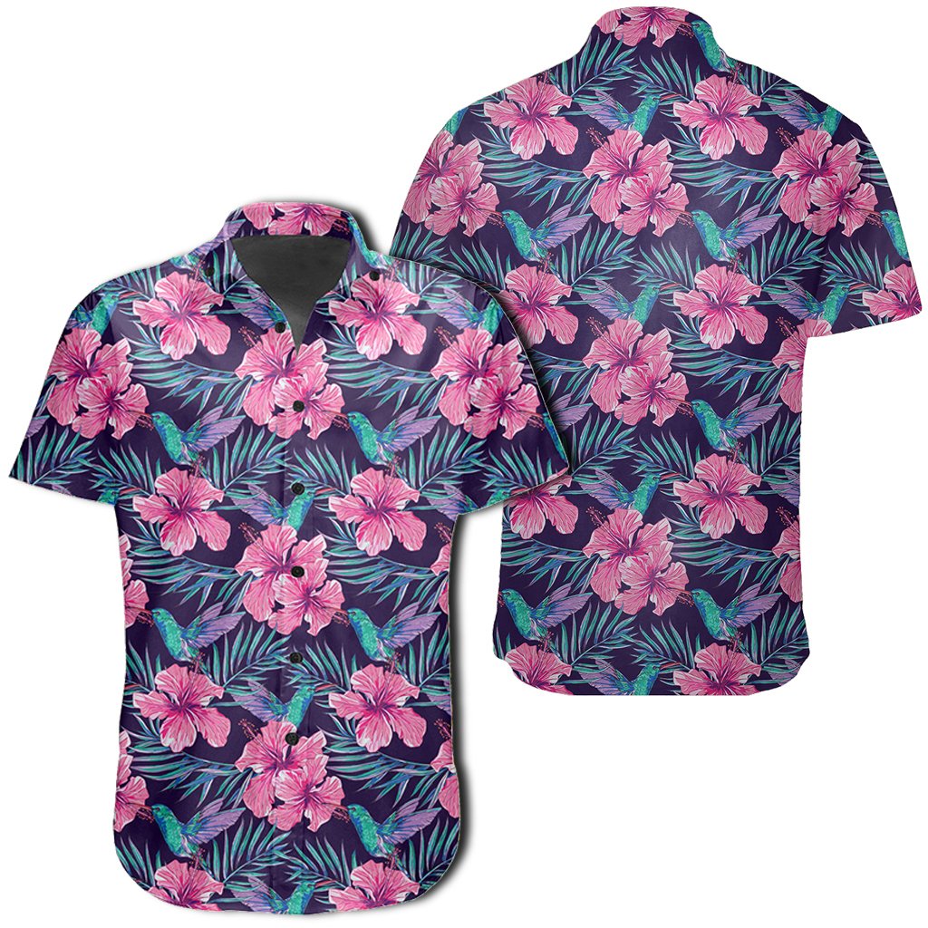 Hawaiian Shirt - Tropical Flowers With Hummingbirds Palm Leaves Shirt