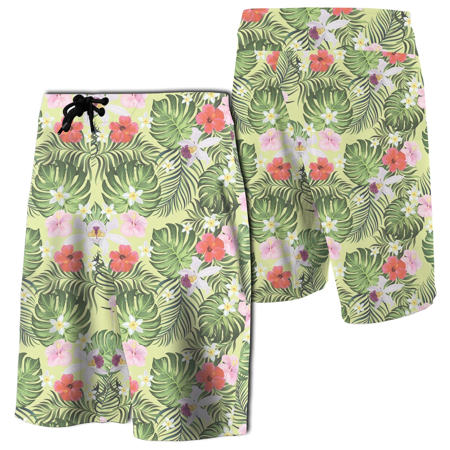 Tropical Hibiscus, Plumeria Green Board Shorts