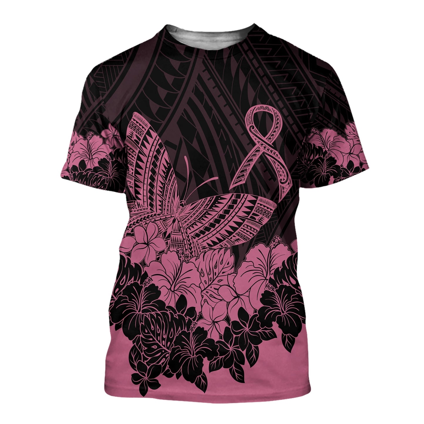 Polynesian Breast Cancer Awareness T Shirt Floral Butterfly