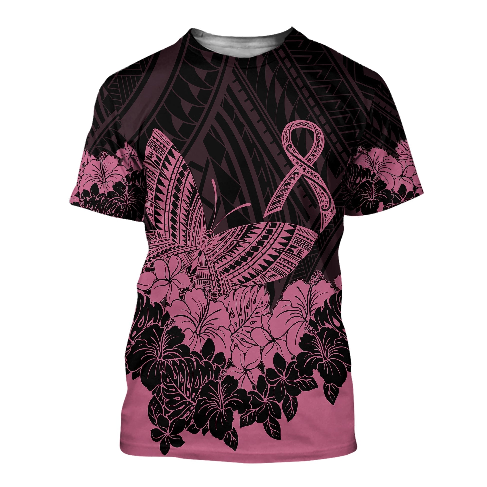 Polynesian Breast Cancer Awareness T Shirt Floral Butterfly