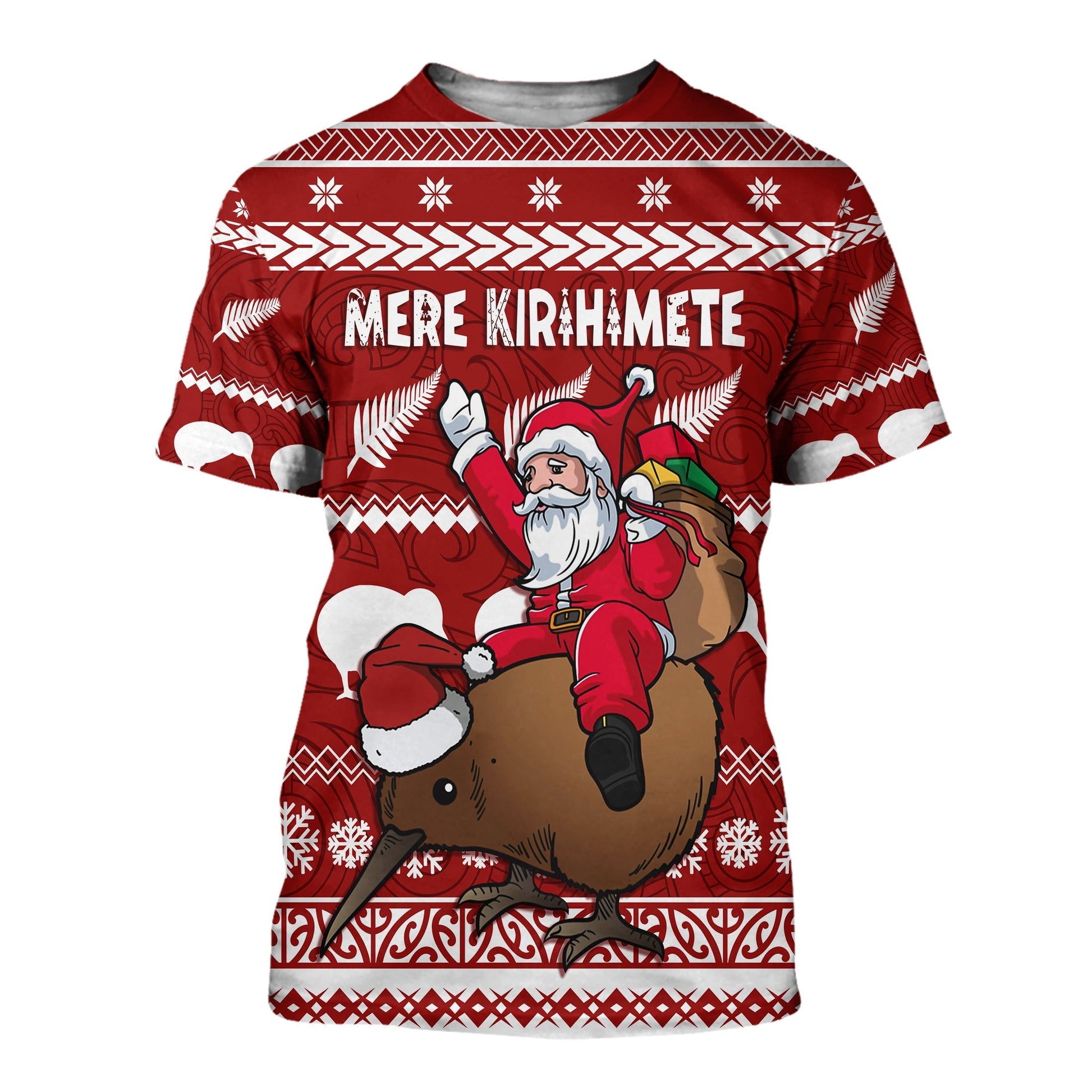 New Zealand Xmas T Shirt Mere Kirihimete - Santa With Kiwi Bird