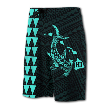 Hawaii Kakau Polynesian Hammerhead Shark Board Shorts - Turquoise