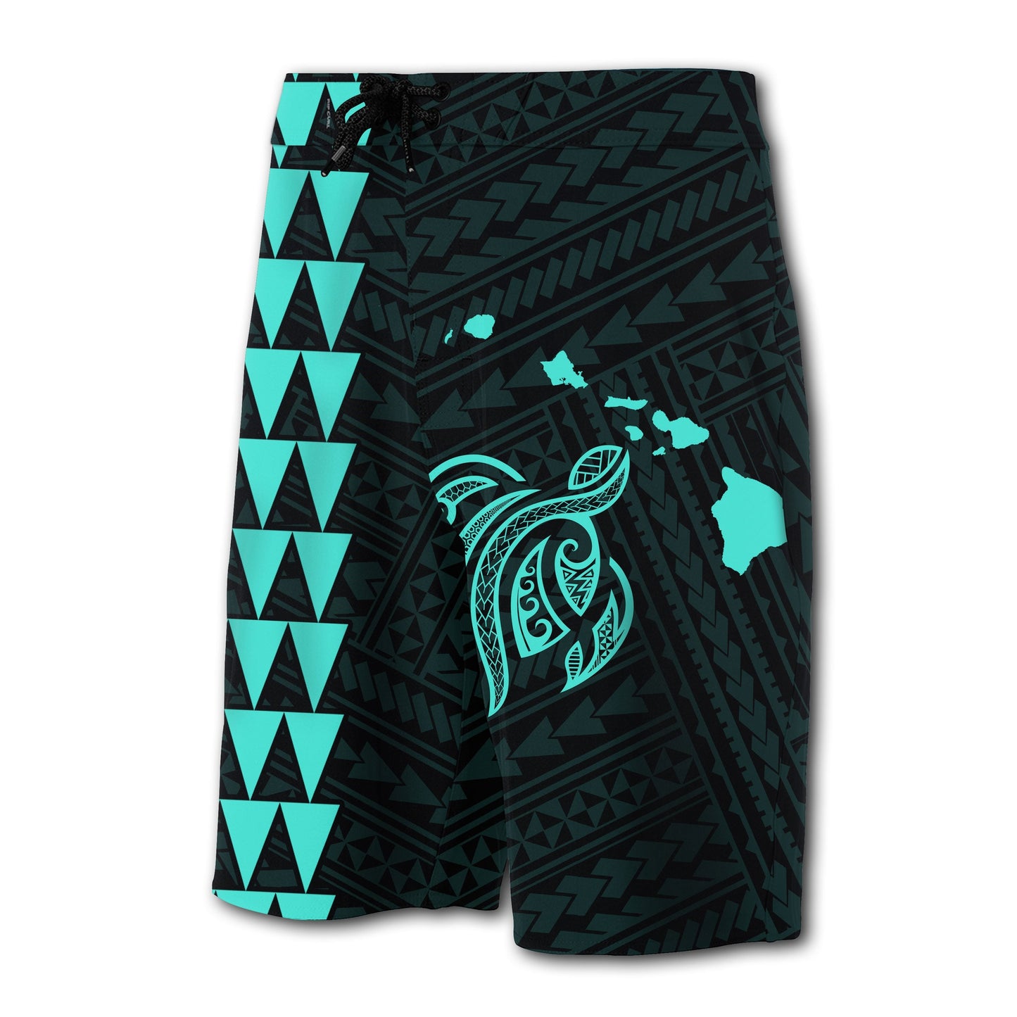 Hawaii Kakau Polynesian Turtle Map Board Shorts - Turquoise
