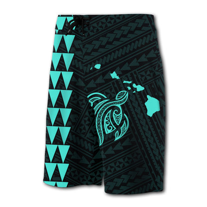 Hawaii Kakau Polynesian Turtle Map Board Shorts - Turquoise
