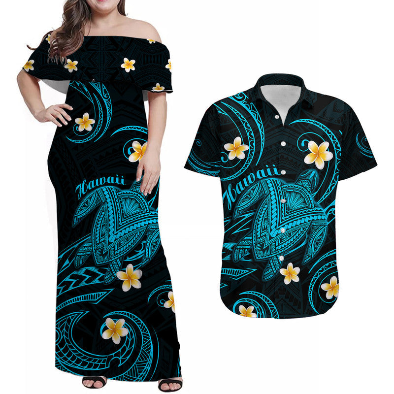 Hawaii Matching Clothes For Couples Hawaii Combo Dress and Hawaiian Shirt Hawaiian Turtle Plumeria Mixed Polynesian Turquoise Style