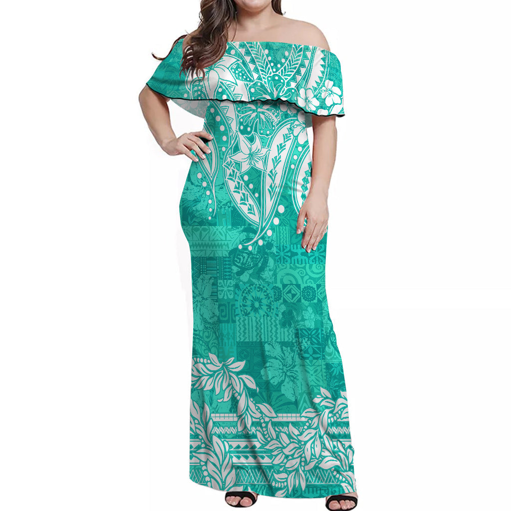 Polynesian Off Shoulder Long Dress Tapa Plumeria Style Turquoise