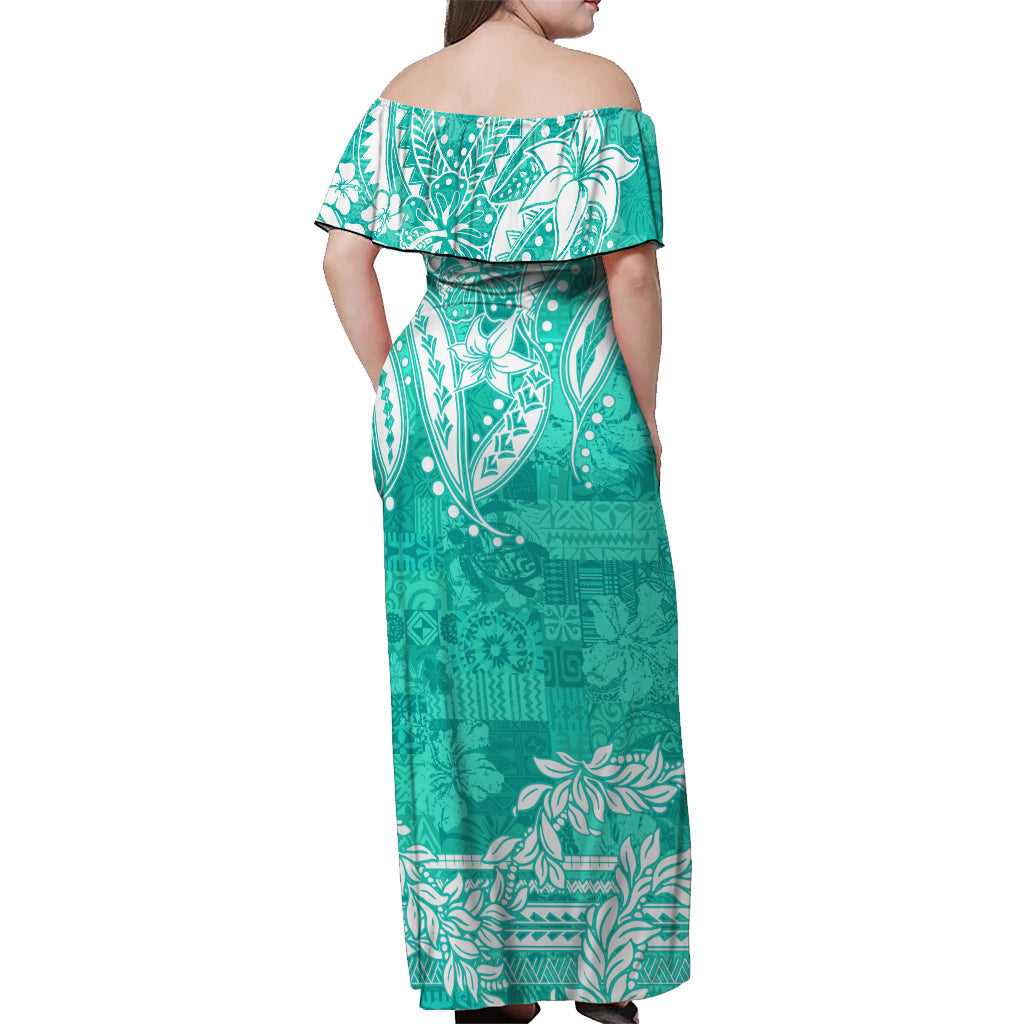 Polynesian Off Shoulder Long Dress Tapa Plumeria Style Turquoise