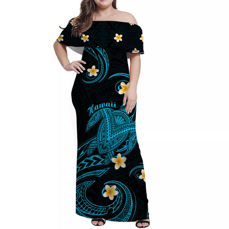 Hawaii Women Off Shoulder Long Dress Hawaiian Turtle Plumeria Mixed Polynesian Turquoise Style