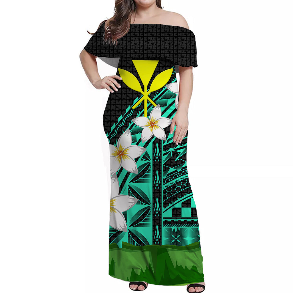 Hawaii Off Shoulder Dress Banana Leaf With Plumeria Flowers Turquoise