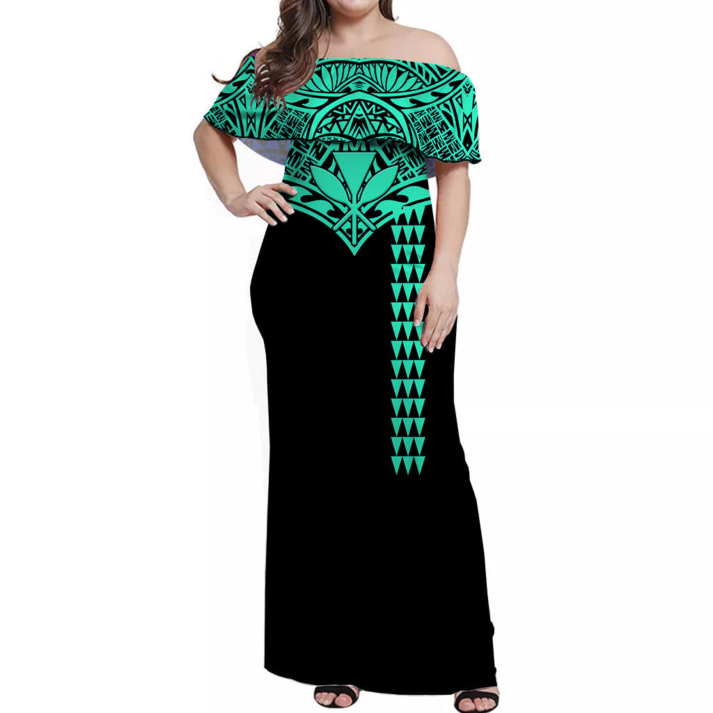 Hawaii Polynesian Tribal Off Shoulder Dress Turquoise