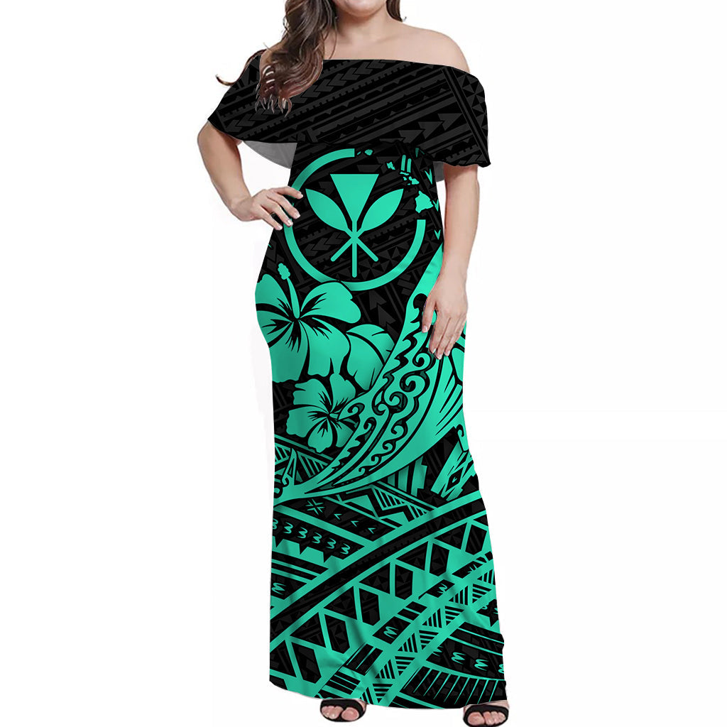 Hawaii Humpback Whale With Hibiscus Tribal Off Shoulder Dress Turquoise