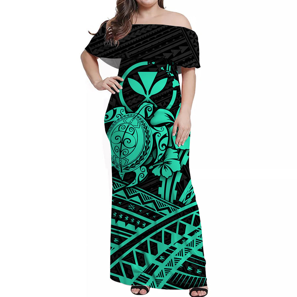 Hawaii Turtle With Hibiscus Tribal Off Shoulder Dress Turquoise