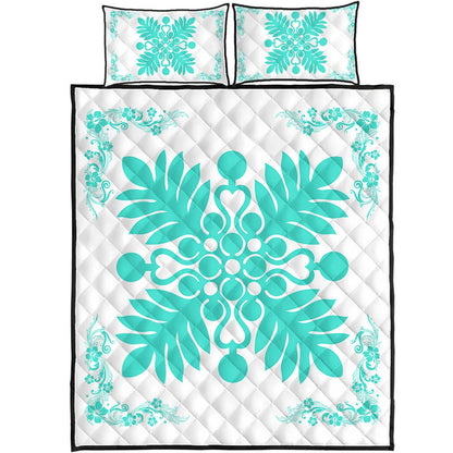 Hawaiian Quilt Maui Plant And Hibiscus Pattern Quilt Bed Set Turquoise White AH