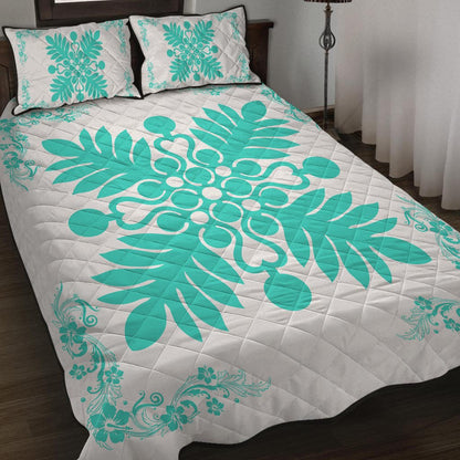 Hawaiian Quilt Maui Plant And Hibiscus Pattern Quilt Bed Set Turquoise White AH