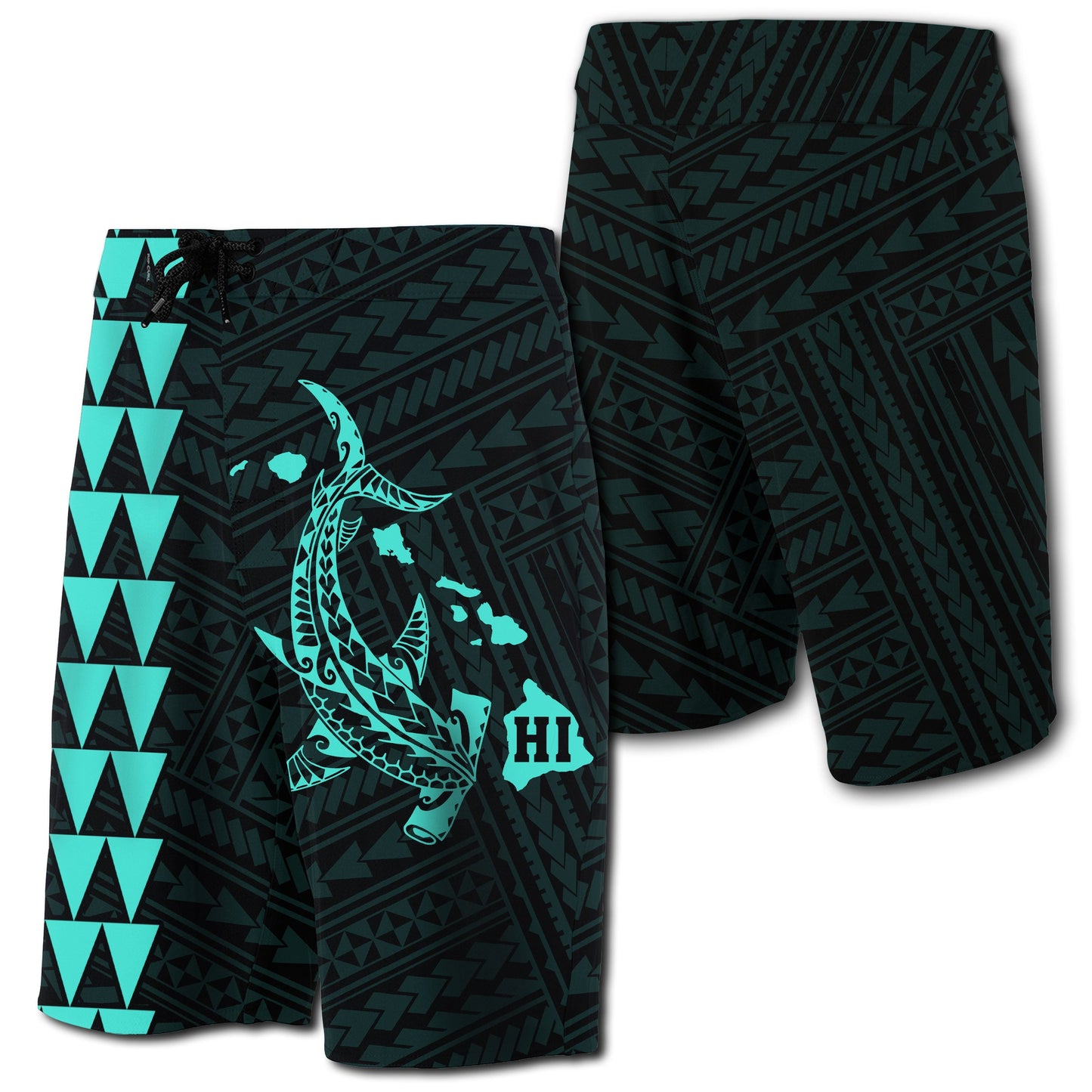 Hawaii Kakau Polynesian Hammerhead Shark Board Shorts - Turquoise