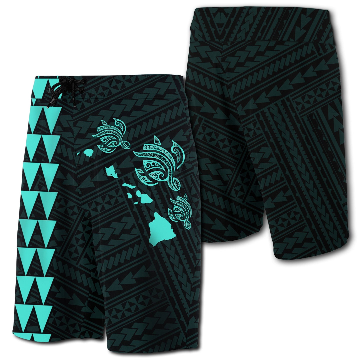 Hawaii Kakau Polynesian Three Turtles Map Board Shorts - Turquoise