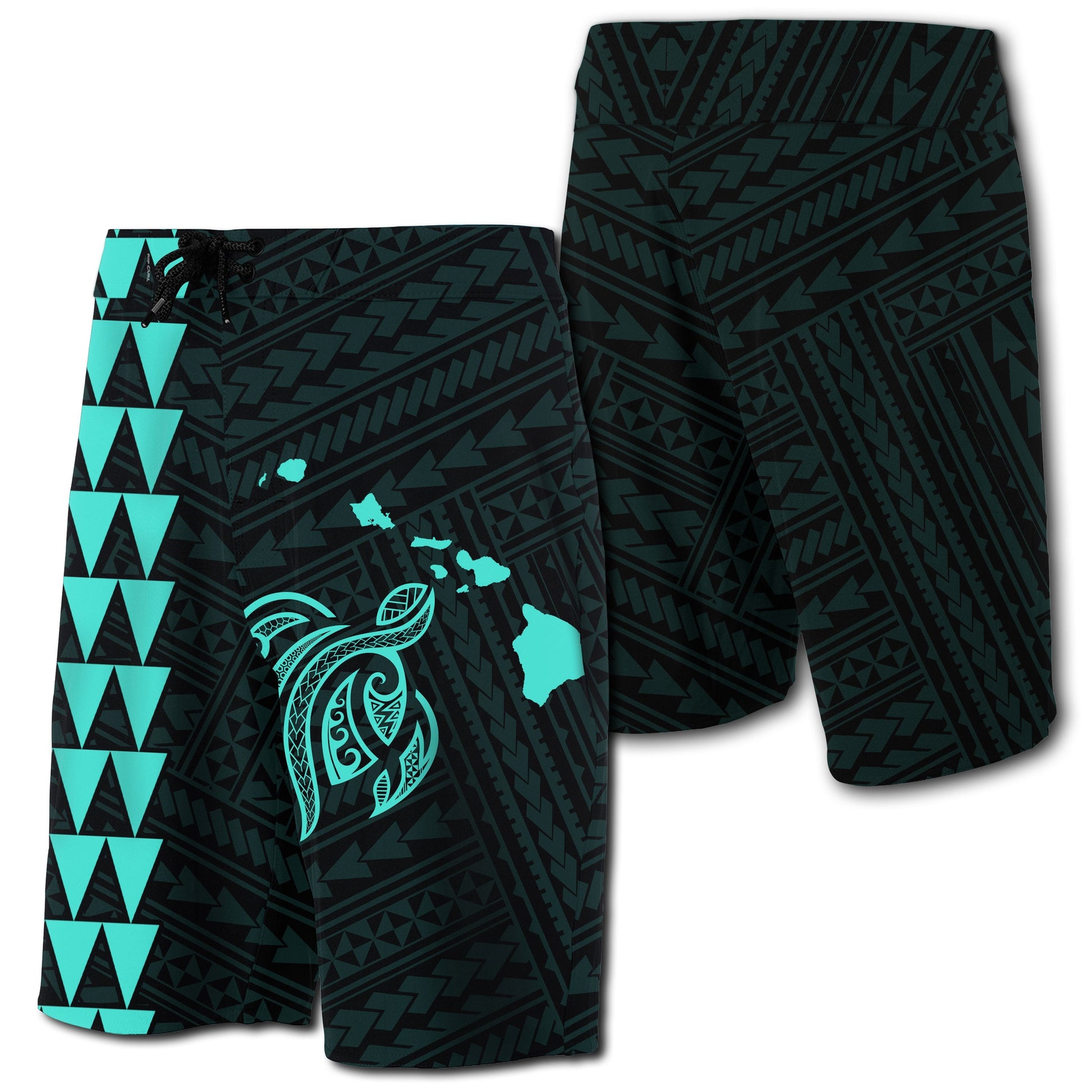 Hawaii Kakau Polynesian Turtle Map Board Shorts - Turquoise