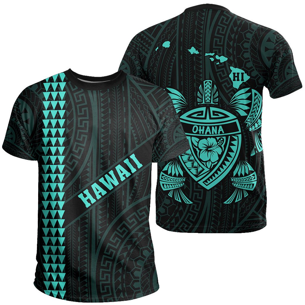 Hawaii Kakau Polynesian Turtle Map T Shirt Ohana Style Turquoise