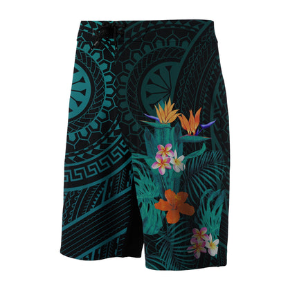 Hawaii Tropical Flowers Polynesian - Board Shorts - Turquoise - Haka Style