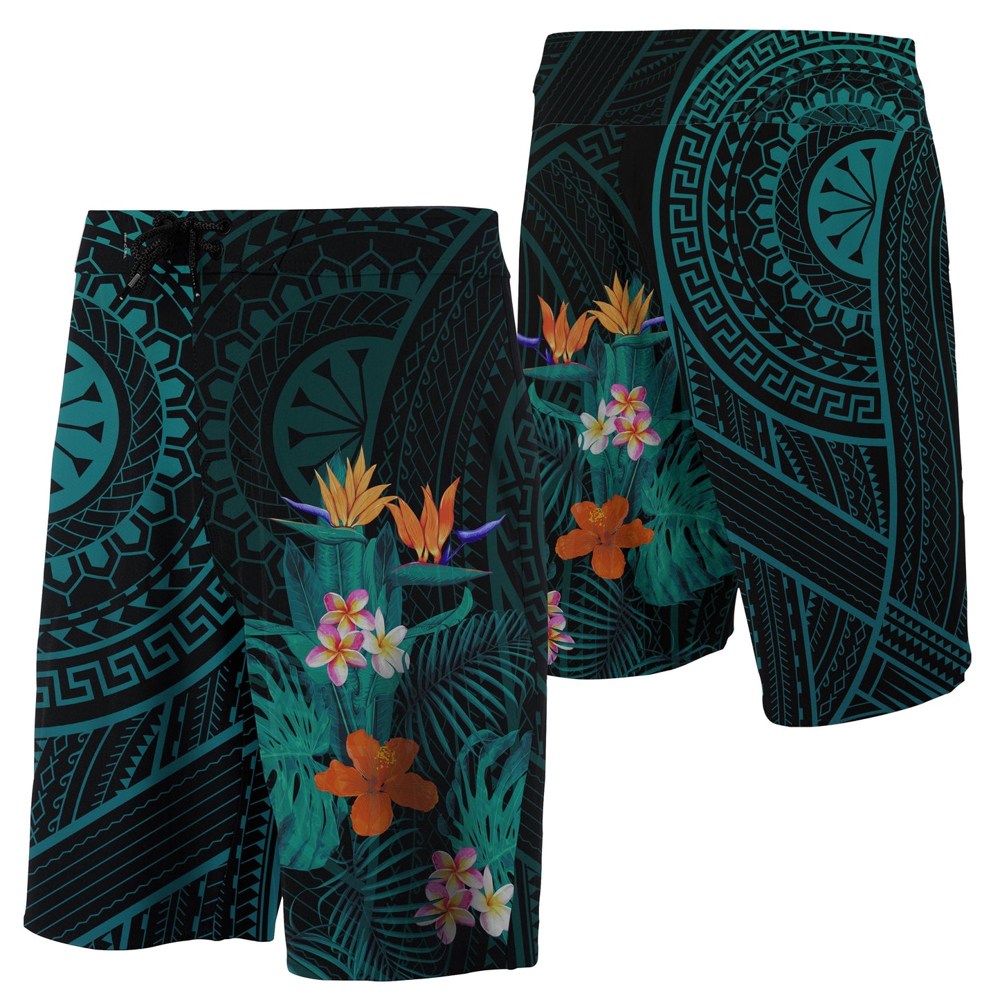 Hawaii Tropical Flowers Polynesian - Board Shorts - Turquoise - Haka Style