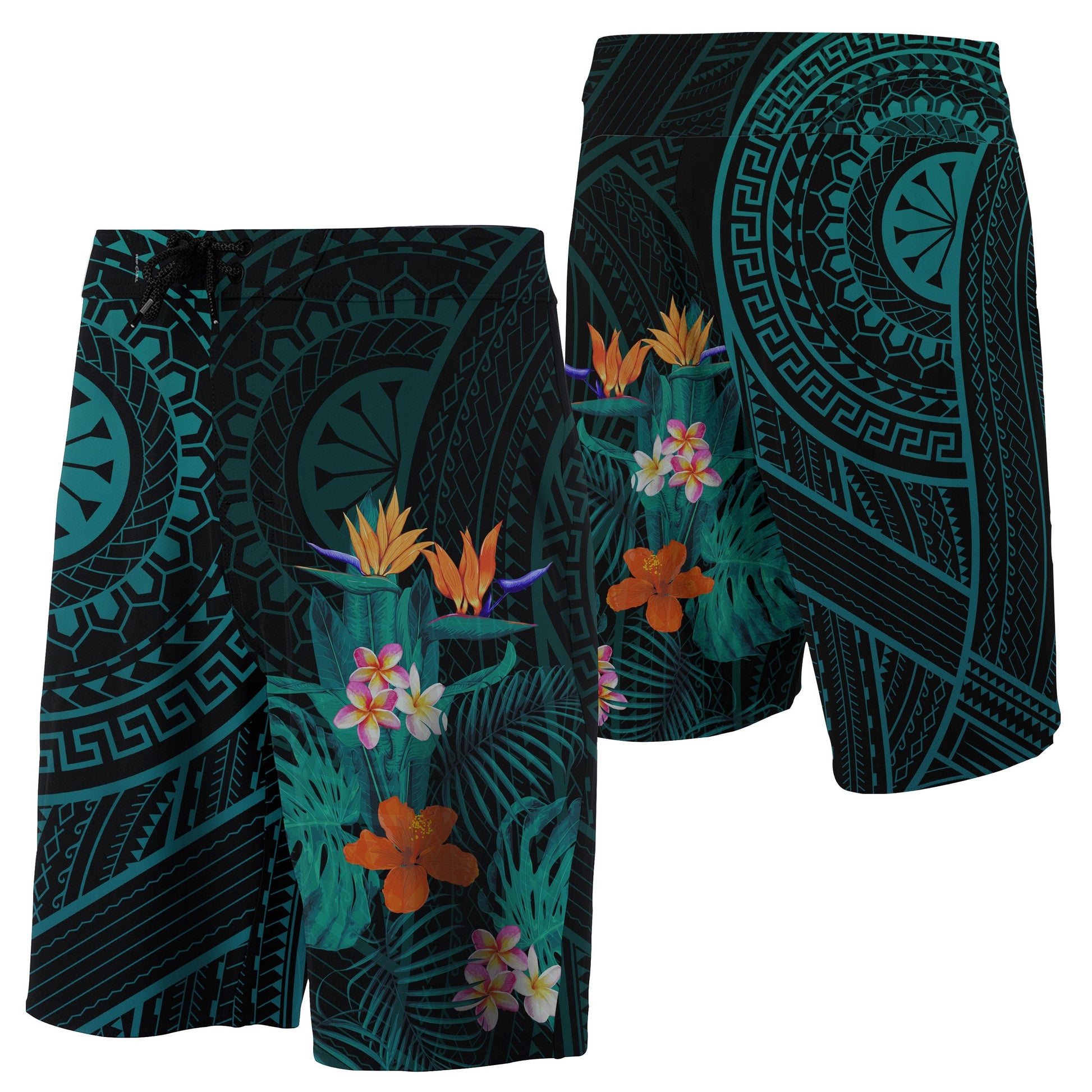 Hawaii Tropical Flowers Polynesian - Board Shorts - Turquoise - Haka Style