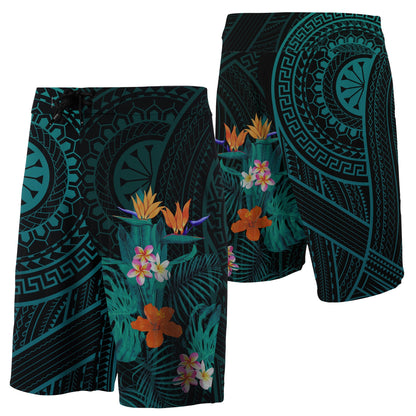 Hawaii Tropical Flowers Polynesian - Board Shorts - Turquoise - Haka Style