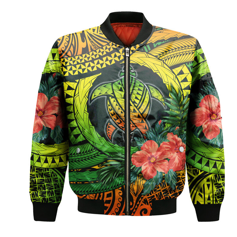 Polynesian Turtle Bomber Jacket Circle Turtle Hibiscus Reggae