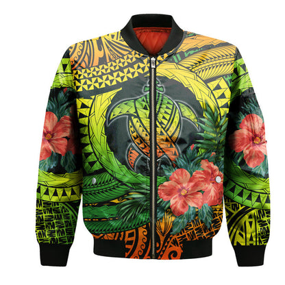Polynesian Turtle Bomber Jacket Circle Turtle Hibiscus Reggae