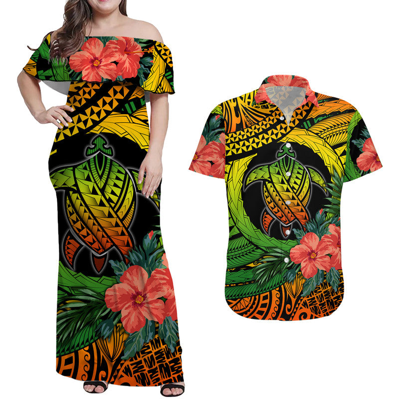 Matching Outfits For Couples Polynesian Turtle Combo Dress and Hawaiian Shirt Circle Turtle Hibiscus Reggae