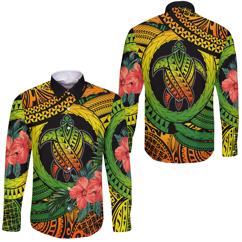 Polynesian Turtle Hawaii Long Sleeve Button Shirt Circle Turtle Hibiscus Reggae