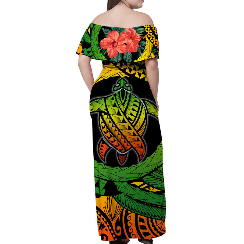Polynesian Turtle Women Off Shoulder Long Dress Circle Turtle Hibiscus Reggae