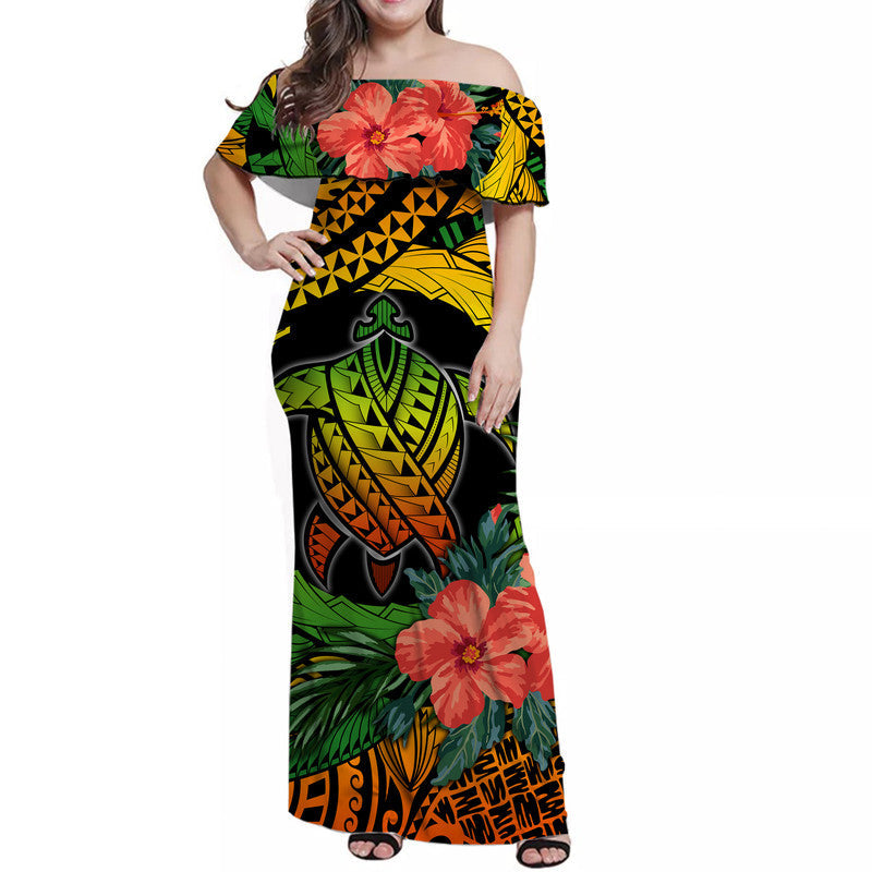 Polynesian Turtle Women Off Shoulder Long Dress Circle Turtle Hibiscus Reggae