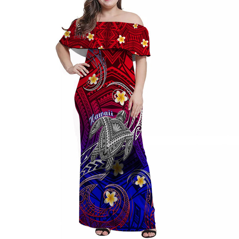 Hawaii Women Off Shoulder Long Dress Hawaiian Turtle Plumeria Mixed Polynesian Style