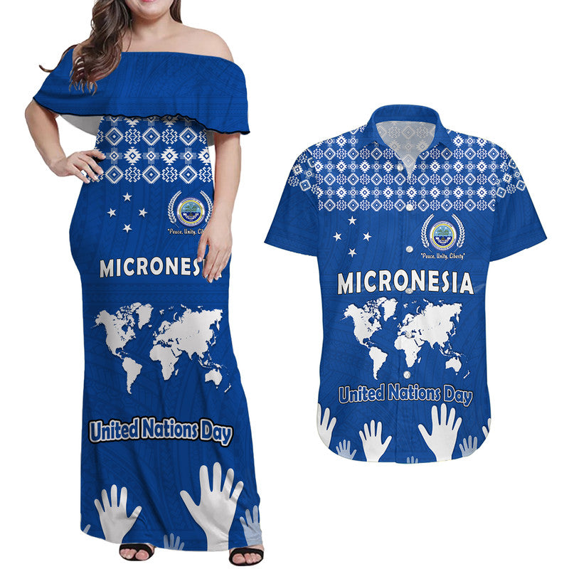 Matching Outfits For Couples Federated States of Micronesia United Nations Day Combo Dress and Hawaiian Shirt Blue Simple World Map Version