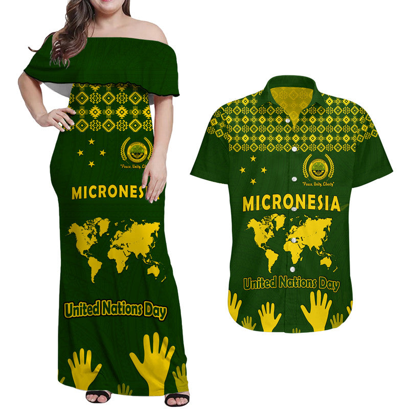 Matching Outfits For Couples Federated States of Micronesia United Nations Day Combo Dress and Hawaiian Shirt Green Simple World Map Version
