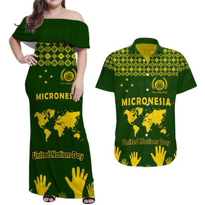 Matching Outfits For Couples Federated States of Micronesia United Nations Day Combo Dress and Hawaiian Shirt Green Simple World Map Version