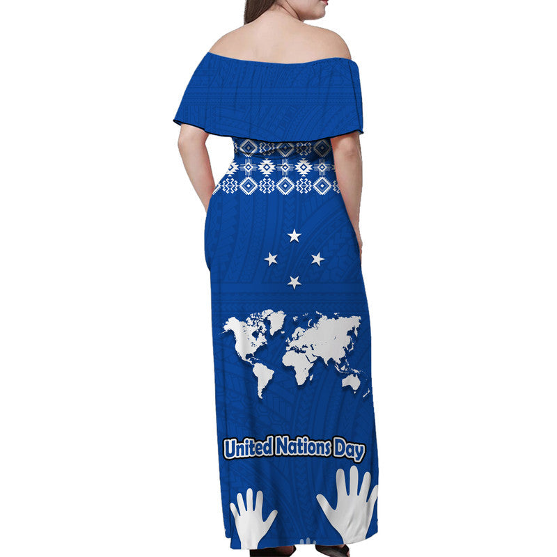 Federated States of Micronesia United Nations Day Women Off Shoulder Long Dress Blue Simple World Map Version