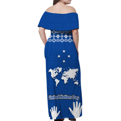Federated States of Micronesia United Nations Day Women Off Shoulder Long Dress Blue Simple World Map Version