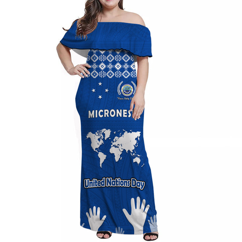 Federated States of Micronesia United Nations Day Women Off Shoulder Long Dress Blue Simple World Map Version