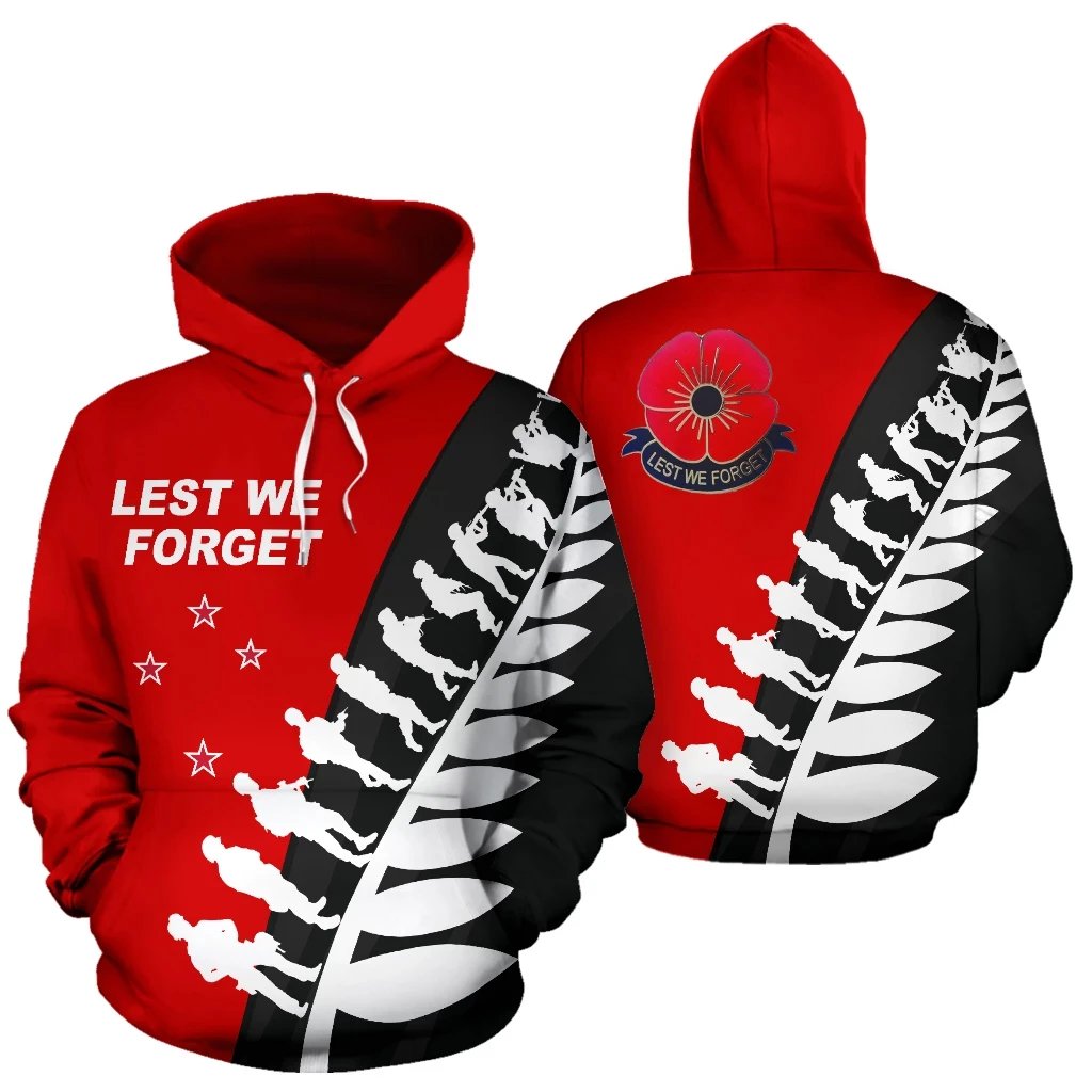 New Zealand Anzac Fern Hoodie, Poppies Lest We Forget Maori Pullover Hoodie