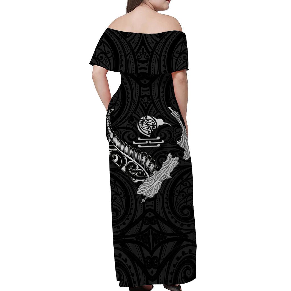 New Zealand Maori Off Shoulder Long Dress Heart of Silver Fern Map and Kiwi Black