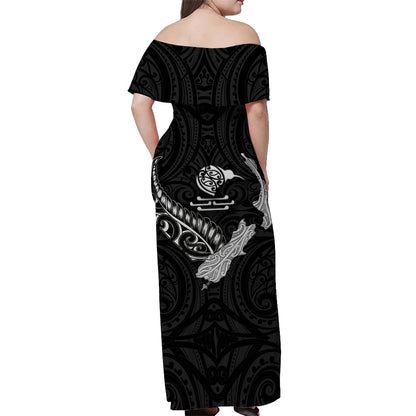 New Zealand Maori Off Shoulder Long Dress Heart of Silver Fern Map and Kiwi Black