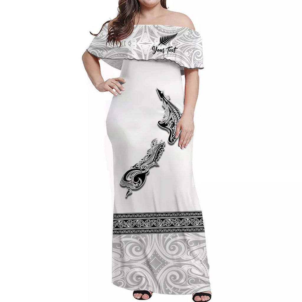 Custom Personalised New Zealand Off Shoulder Long Dress Maori Fern and Map White