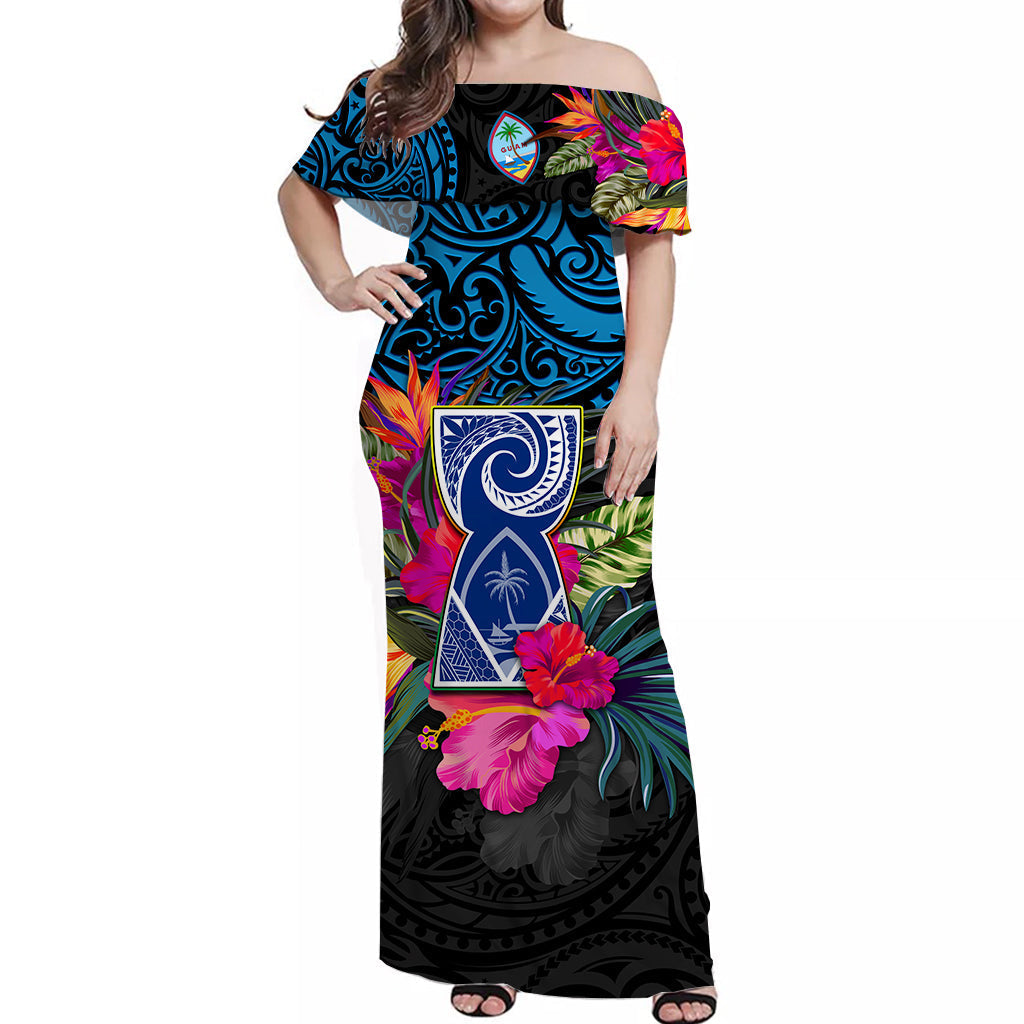 Guam Off Shoulder Long Dress Alluring Polynesia and Tropical Flowers