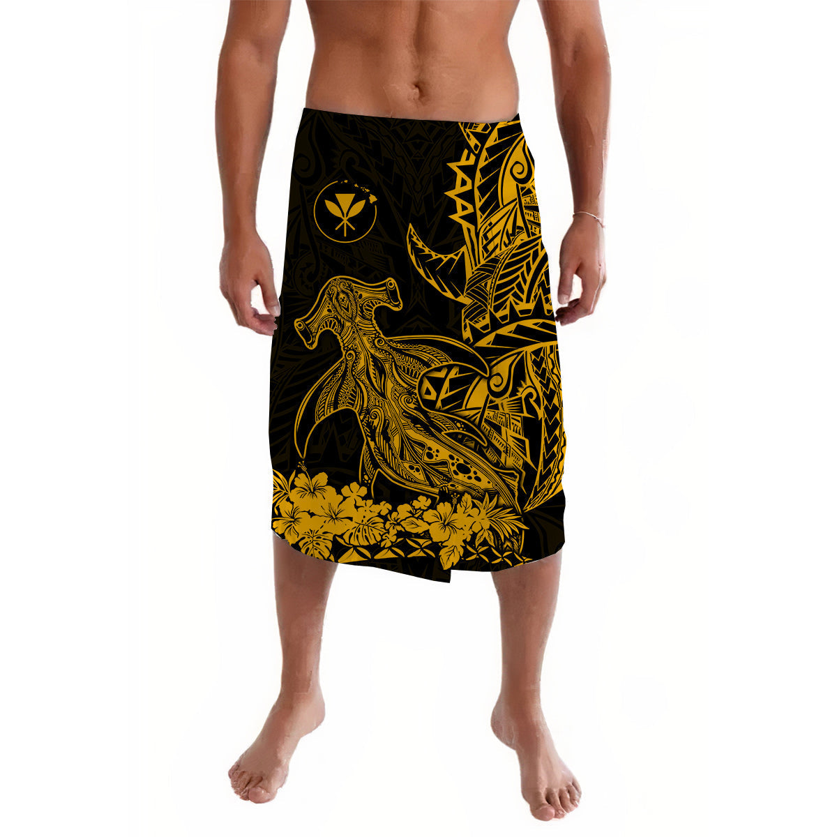 Hawaii Polynesian Lavalava Wild Hammerhead Sharks Gold