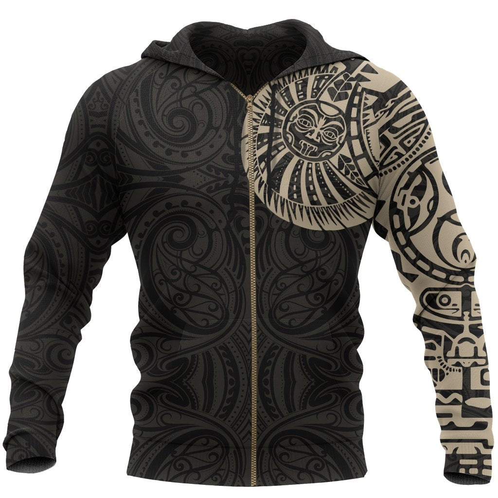 New Zealand Maori Zip Hoodie, Maori Warrior Tattoo Full Zip Hoodie Tan